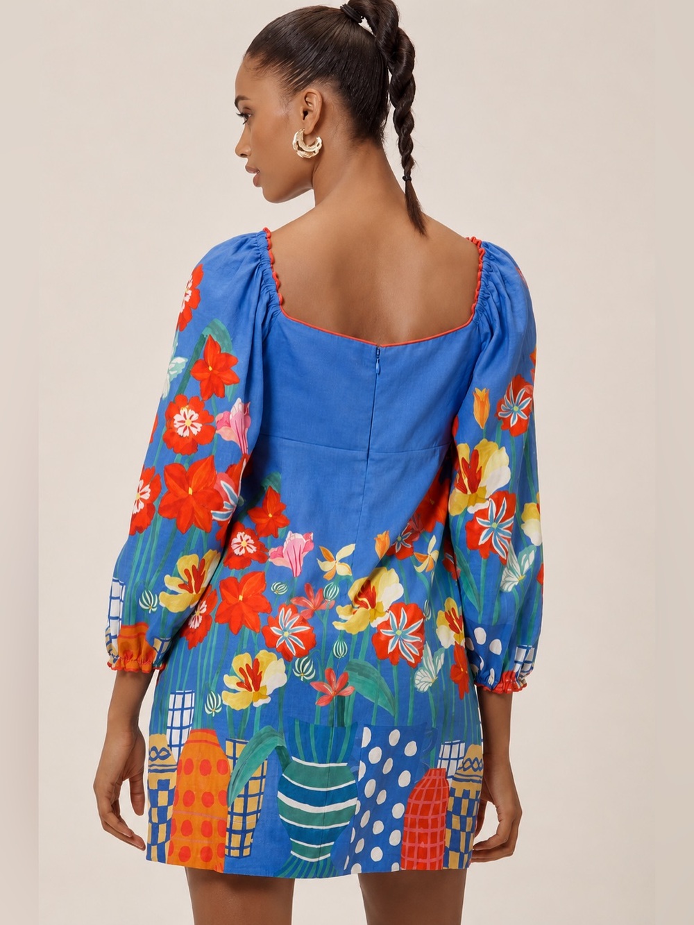 FARM Rio Blue Floral Puff Sleeve Mini Dress Size L Colorful Garden Print - Picture 2 of 15